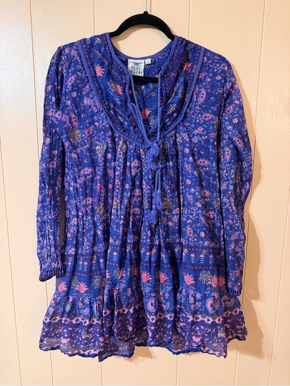 Blue Boheme Purple Floral Peasant dress with Tassel Tie